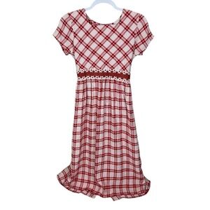 Rare Editions Girls Red Gingham Plaid Dress with Floral Waist Trim Size 14